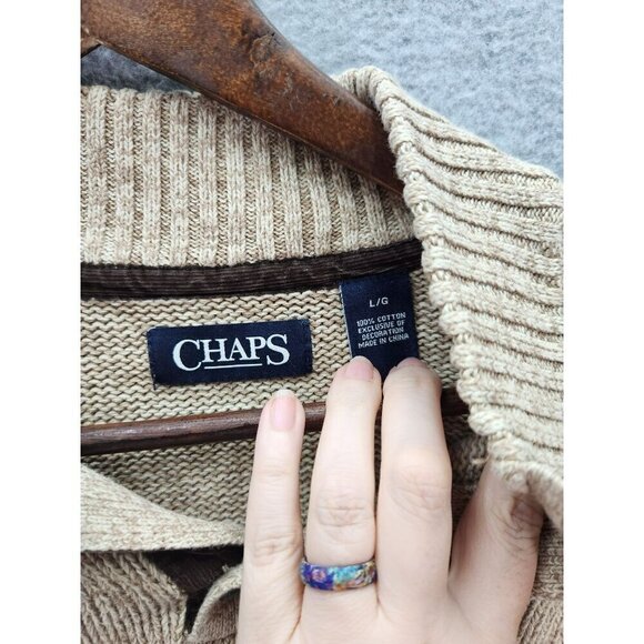 Chaps Mens Beige Knit Sweater L/G 100% Cotton Long Sleeve Pullover With Buttoned - Picture 3 of 4